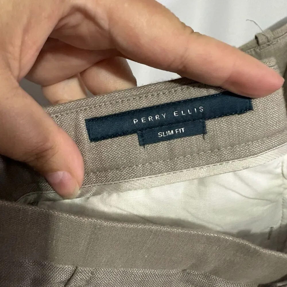 Perry Ellis Pants Mens 36 X 32 Slim Fit Linen Blend Chino Slacks Beige Khaki